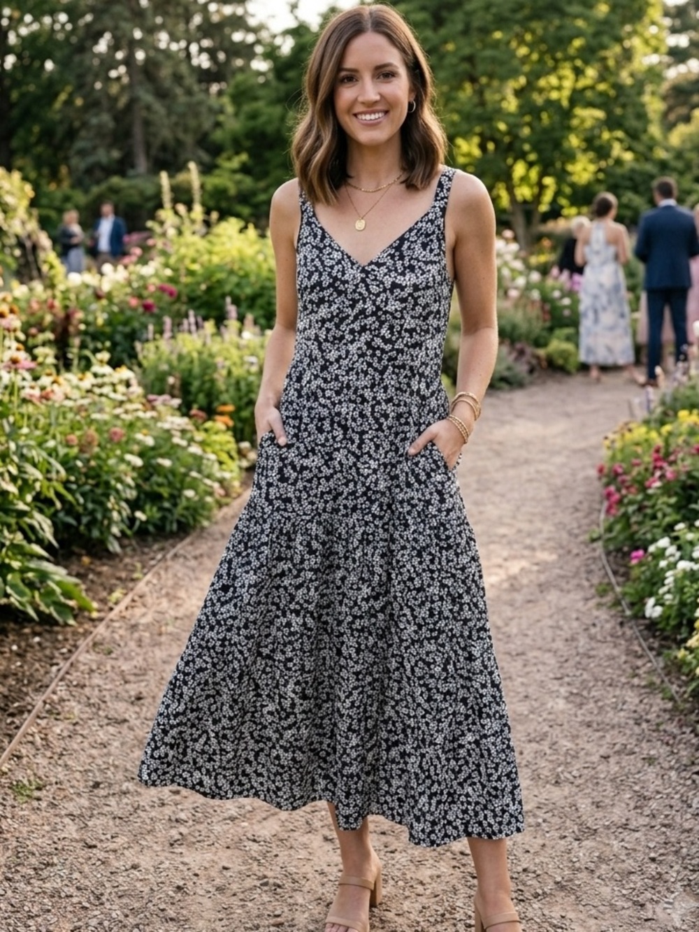 Nordstrom Black & White Floral V-Neck Midi Silk Dress